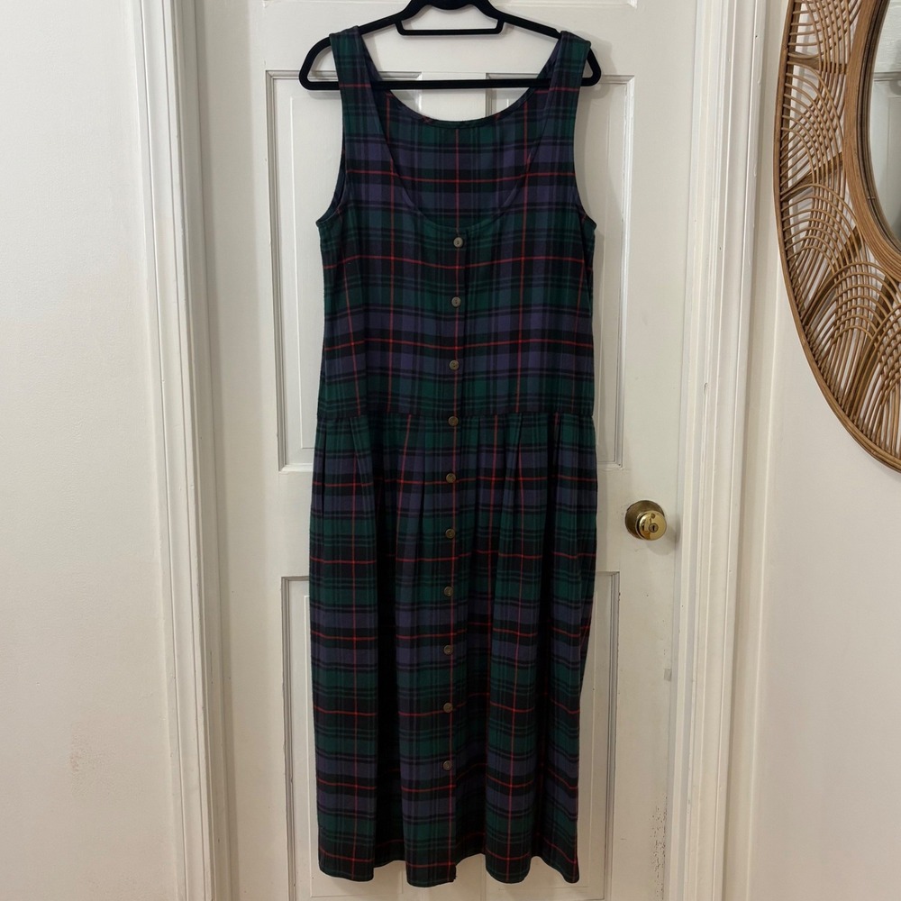 VTG Britches Maxi Plaid Flannel Dress Jumper M Button Back Modest Grunge Country - Picture 3 of 6